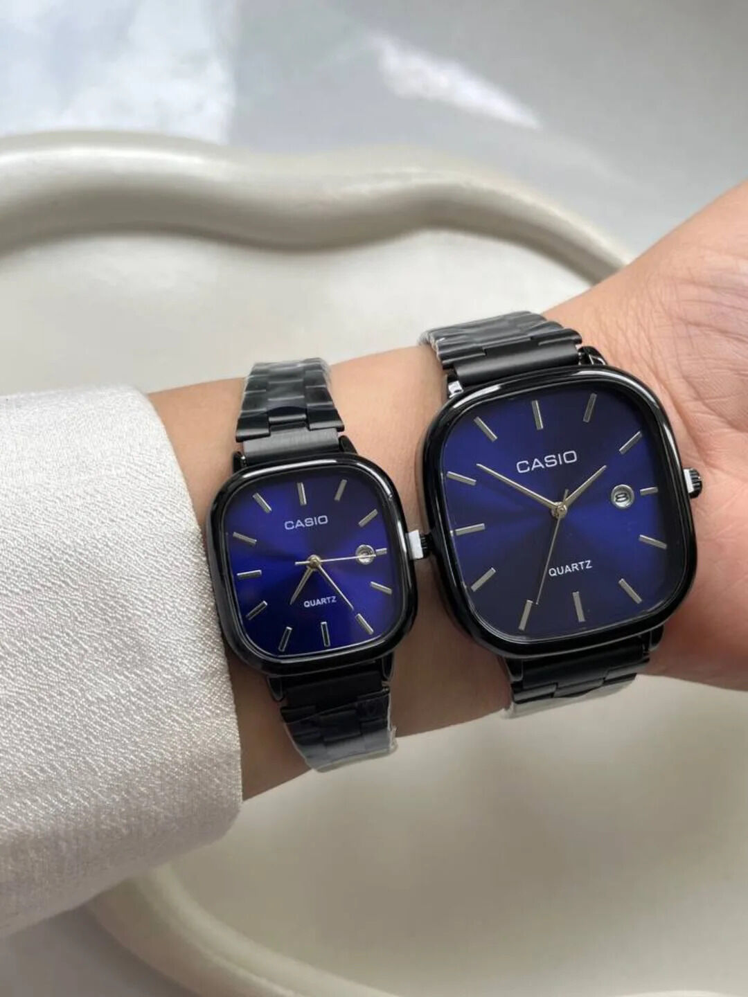 ست ساعت مچی زنانه و مردانه کاسیو Casio صفحه آبی بند استیل مشکی