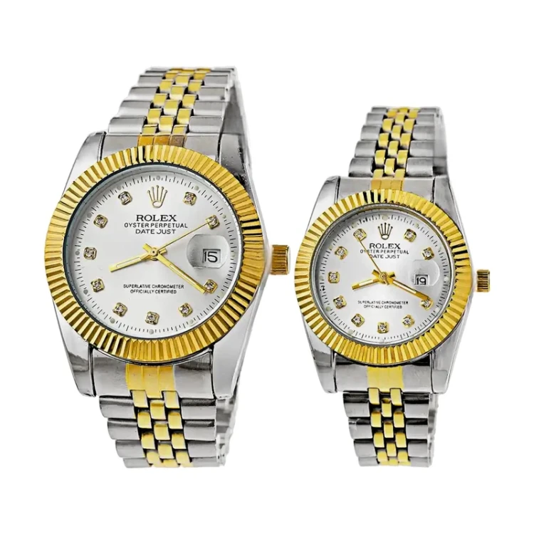 ست ساعت مچی رولکس بند استیل نقره‌ای و طلایی