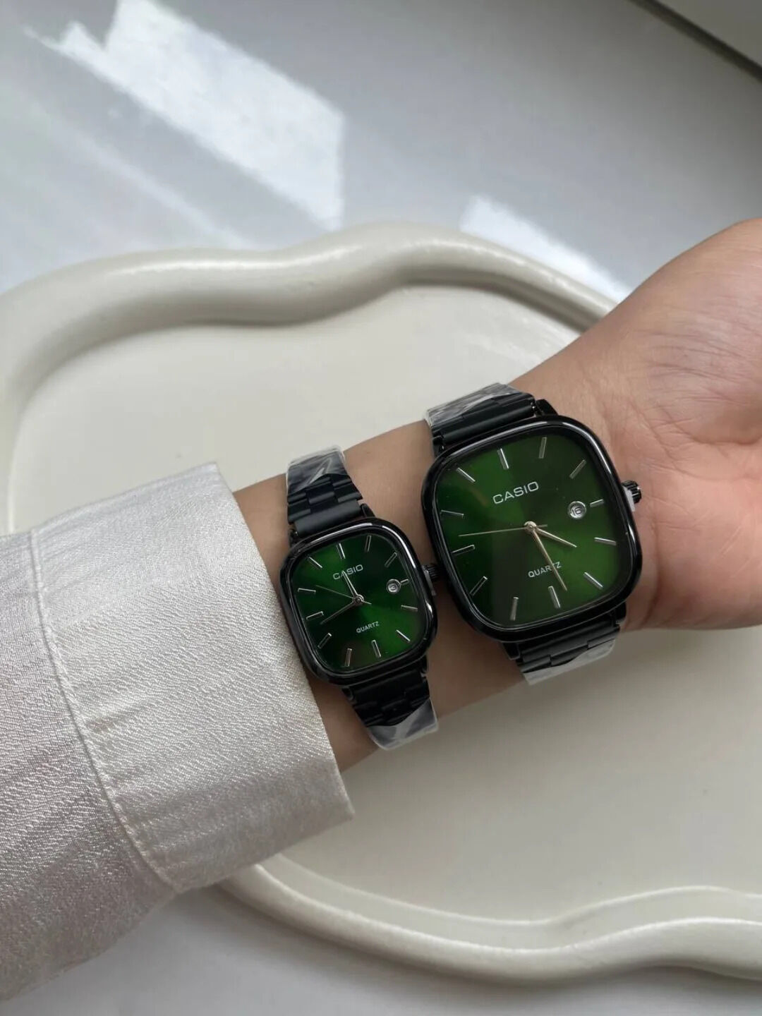 ست ساعت مچی زنانه و مردانه کاسیو Casio | صفحه سبز و بند استیل مشکی