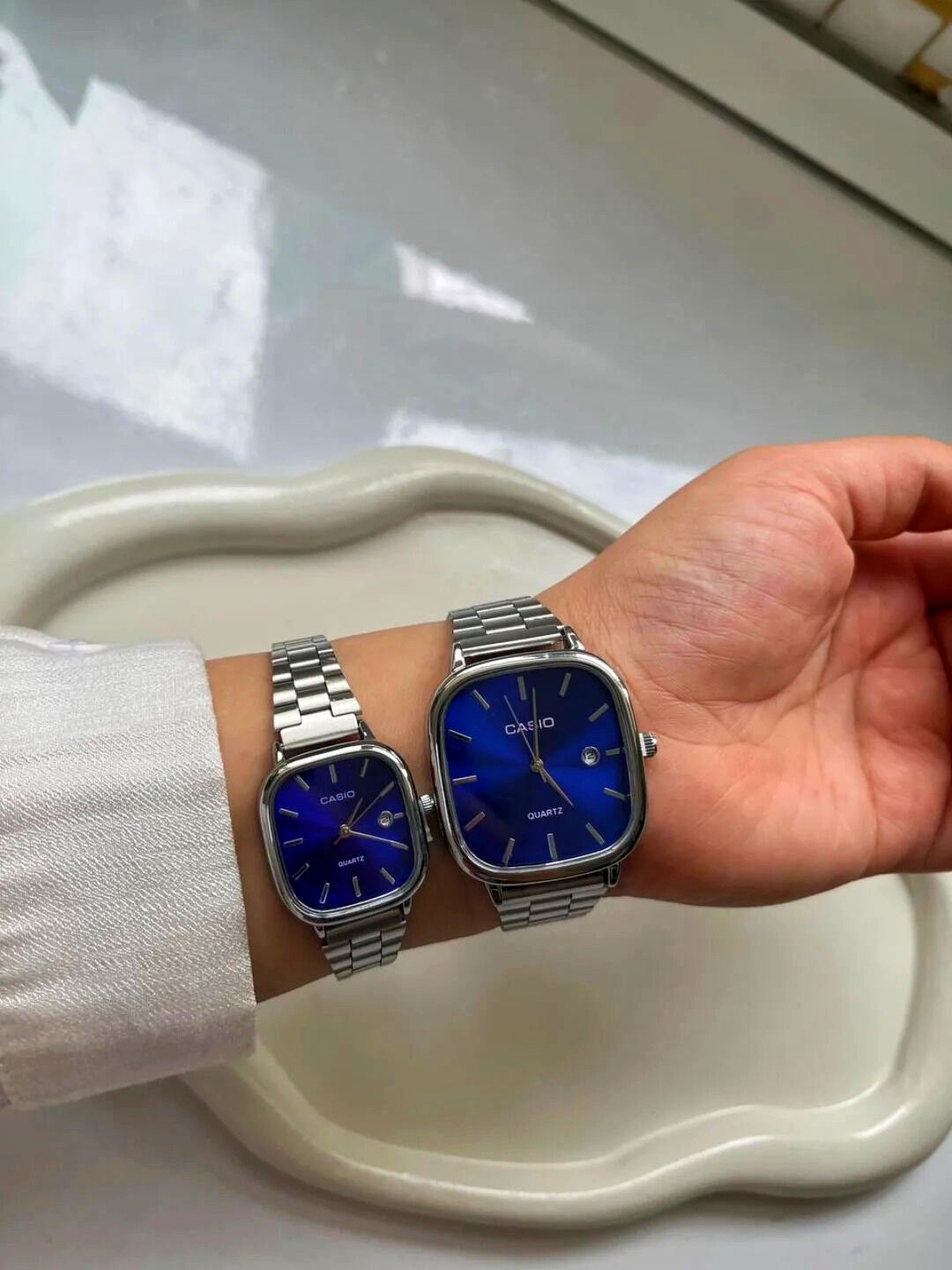 ست ساعت مچی زنانه و مردانه کاسیو Casio | صفحه سورمه ای بند استیل