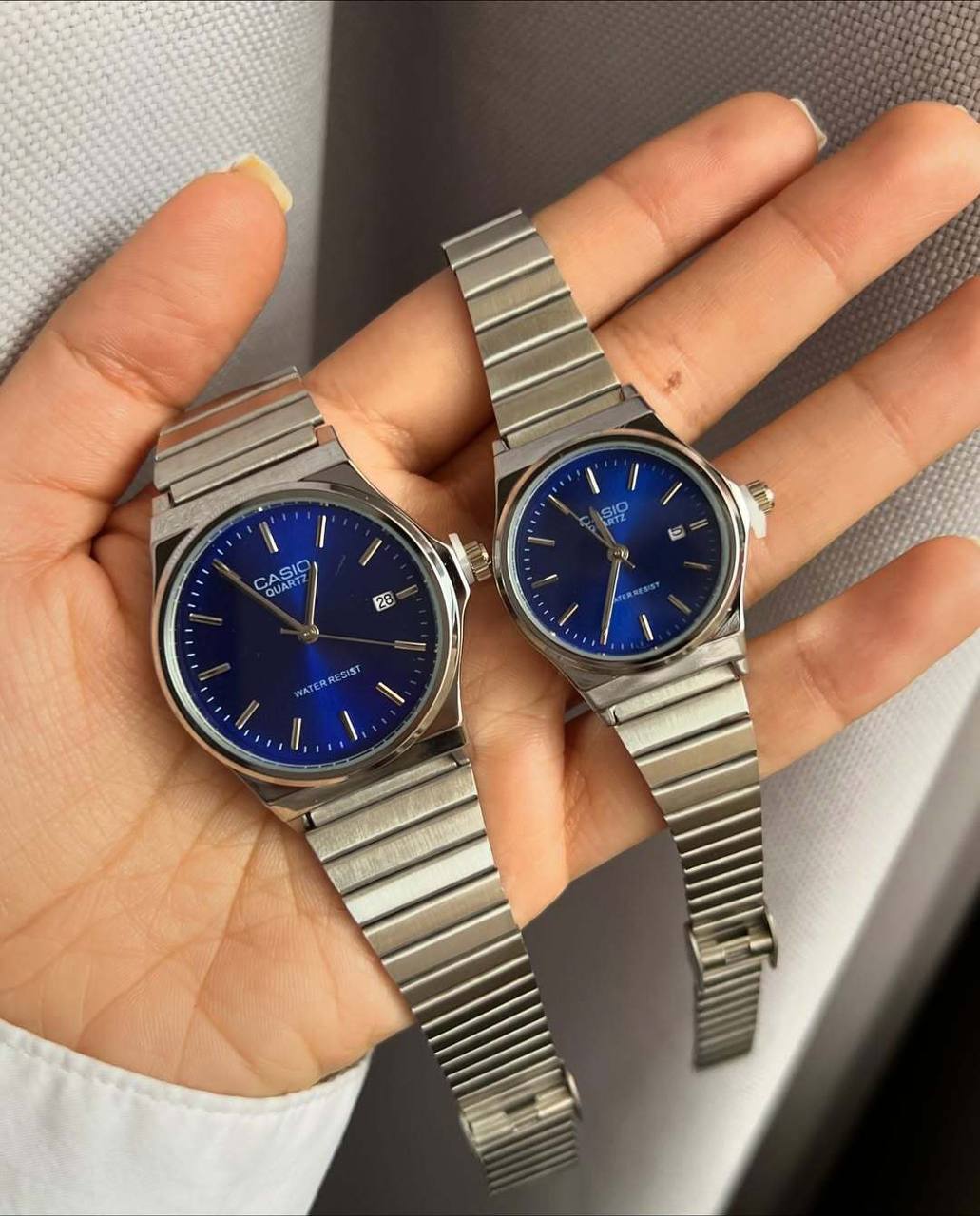 ساعت ست زنانه و مردانه مدل کاسیو گادفادر رنگ سیلور صفحه سورمه ای بند کرکره ای