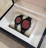 ست ساعت مچی زنانه و مردانه کاسیو Casio | صفحه قرمز و بند استیل مشکی