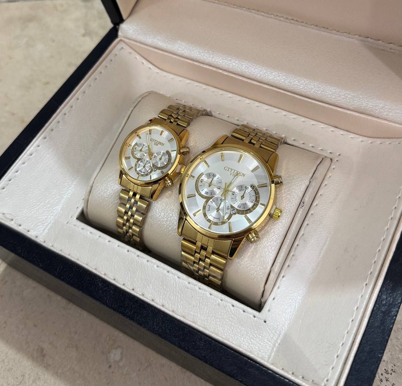 ست ساعت مچی مردانه و زنانه CITIZEN VIP | صفحه مشکی با بند دو رنگ استیل